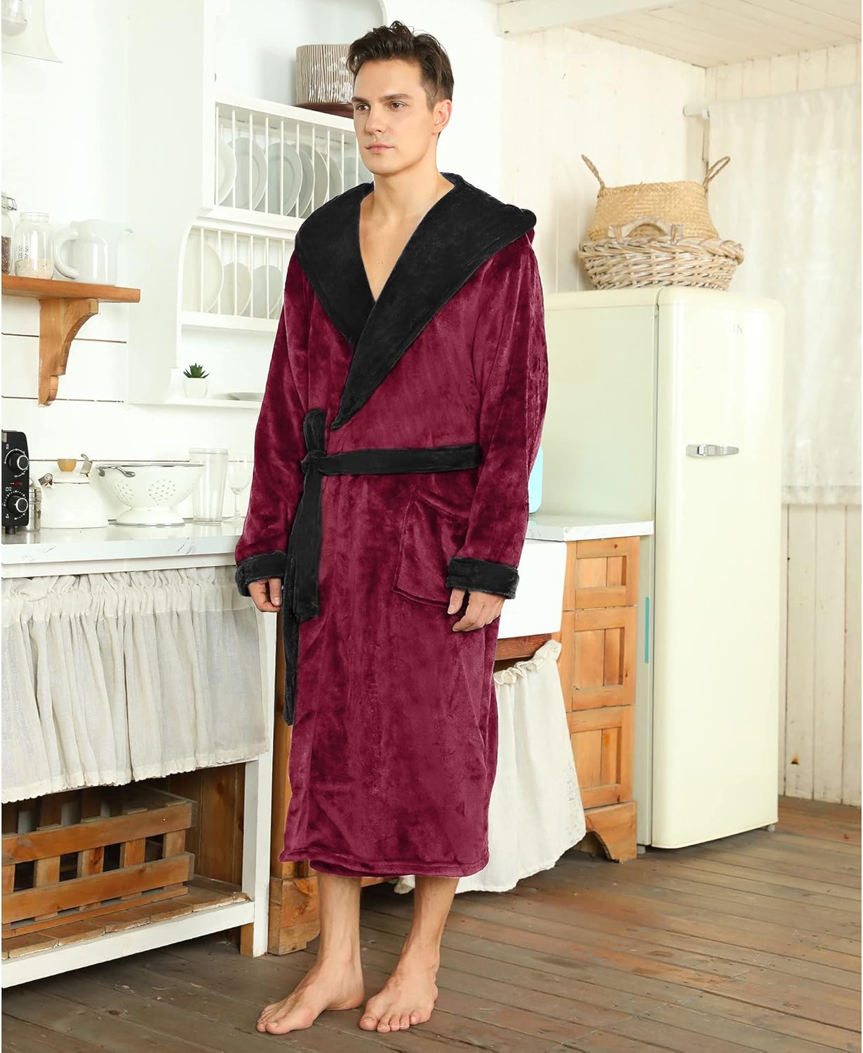 Men’s Fleece Bathrobe with Hood – Black Grey