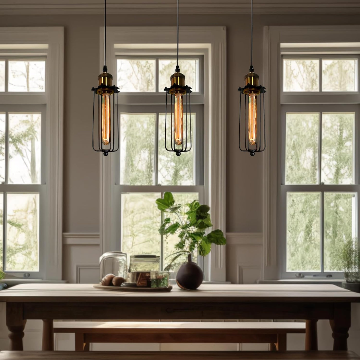 Retro Industrial Pendant Light with Metal Cage