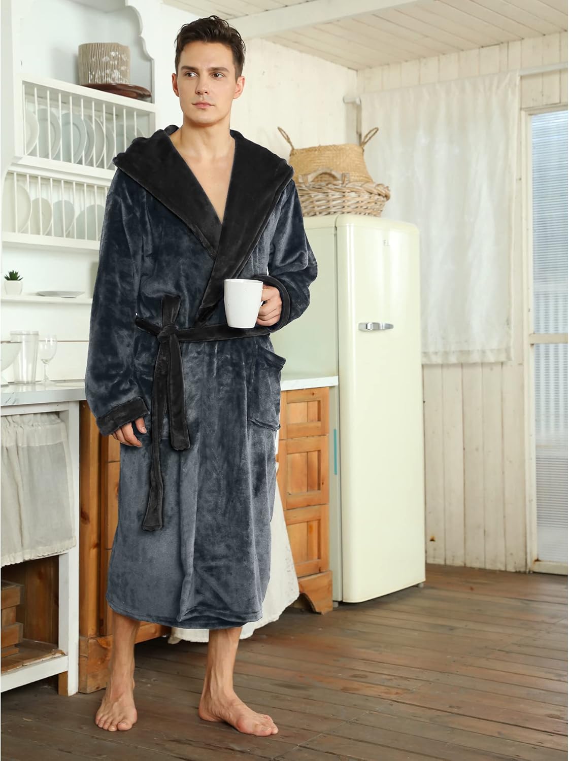 Men’s Fleece Bathrobe with Hood – Black Grey