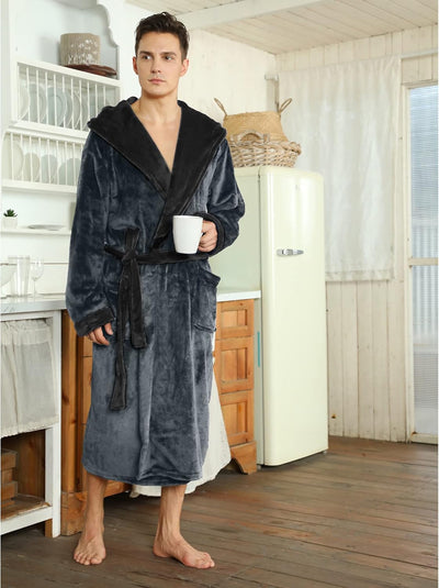 Men’s Fleece Bathrobe with Hood – Black Grey