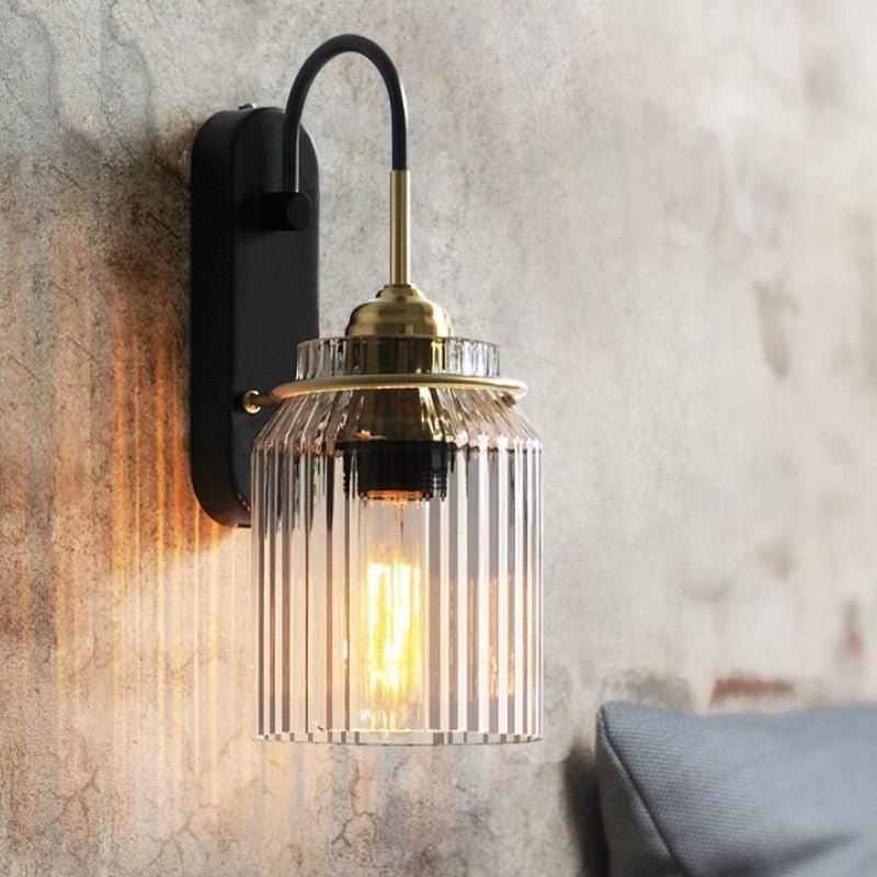 Vintage Wall Lamp with Ribbed Glass Shade – Iron Body, E27 Base