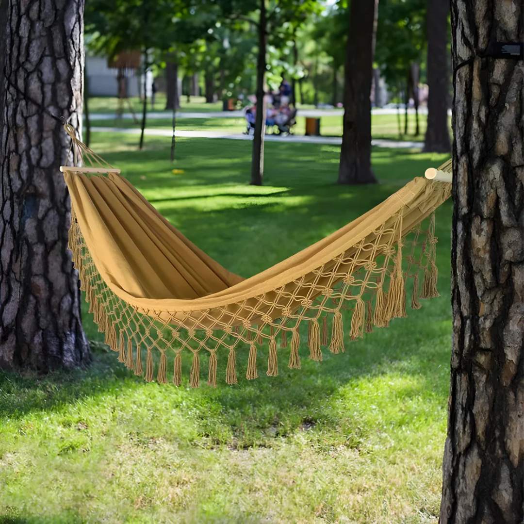 Boho Cotton Hammock with Wooden Bars for Indoor Outdoor Use