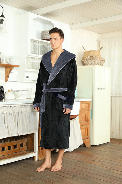 Men’s Fleece Bathrobe with Hood – Black Grey
