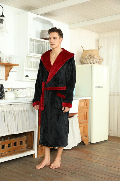Men’s Fleece Bathrobe with Hood – Black Grey