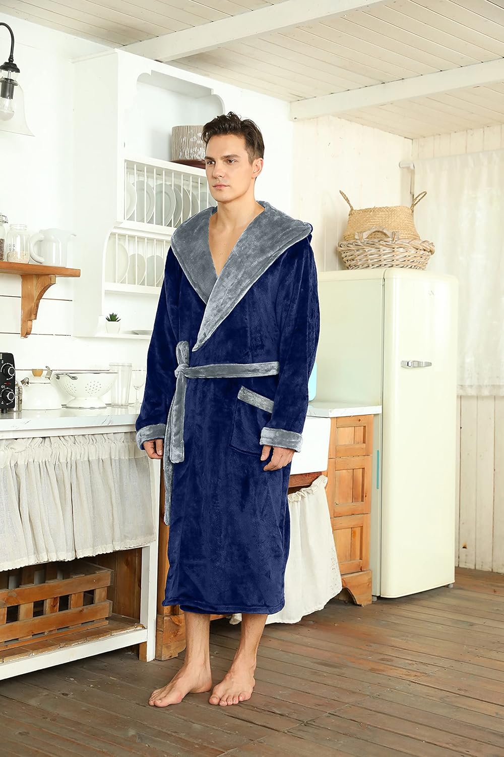 Men’s Fleece Bathrobe with Hood – Black Grey