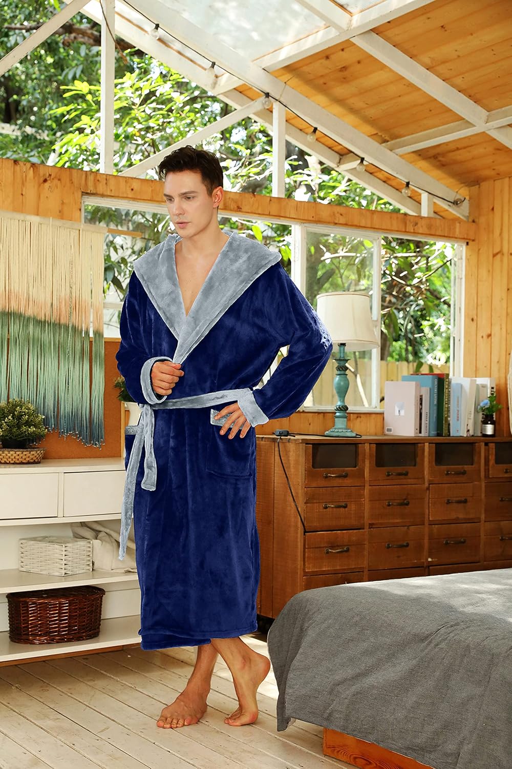Men’s Fleece Bathrobe with Hood – Black Grey