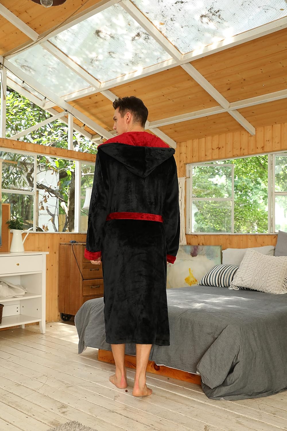 Men’s Fleece Bathrobe with Hood – Black Grey