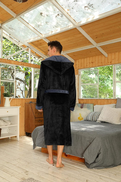 Men’s Fleece Bathrobe with Hood – Black Grey