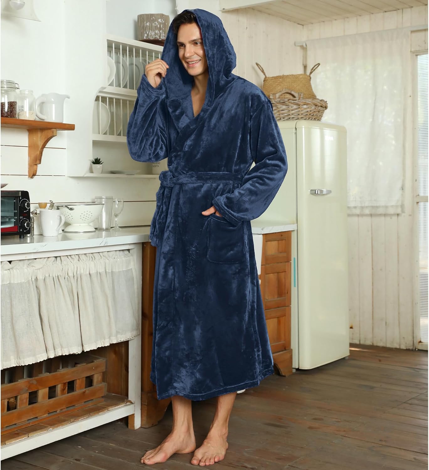 Men’s Fleece Bathrobe with Hood – Black Grey