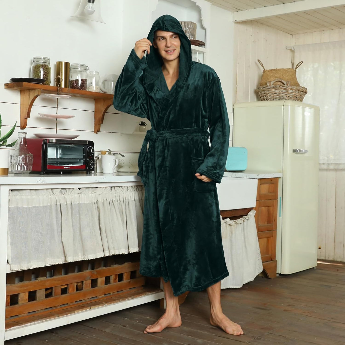 Men’s Fleece Bathrobe with Hood – Black Grey