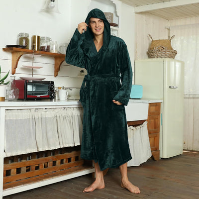 Men’s Fleece Bathrobe with Hood – Black Grey