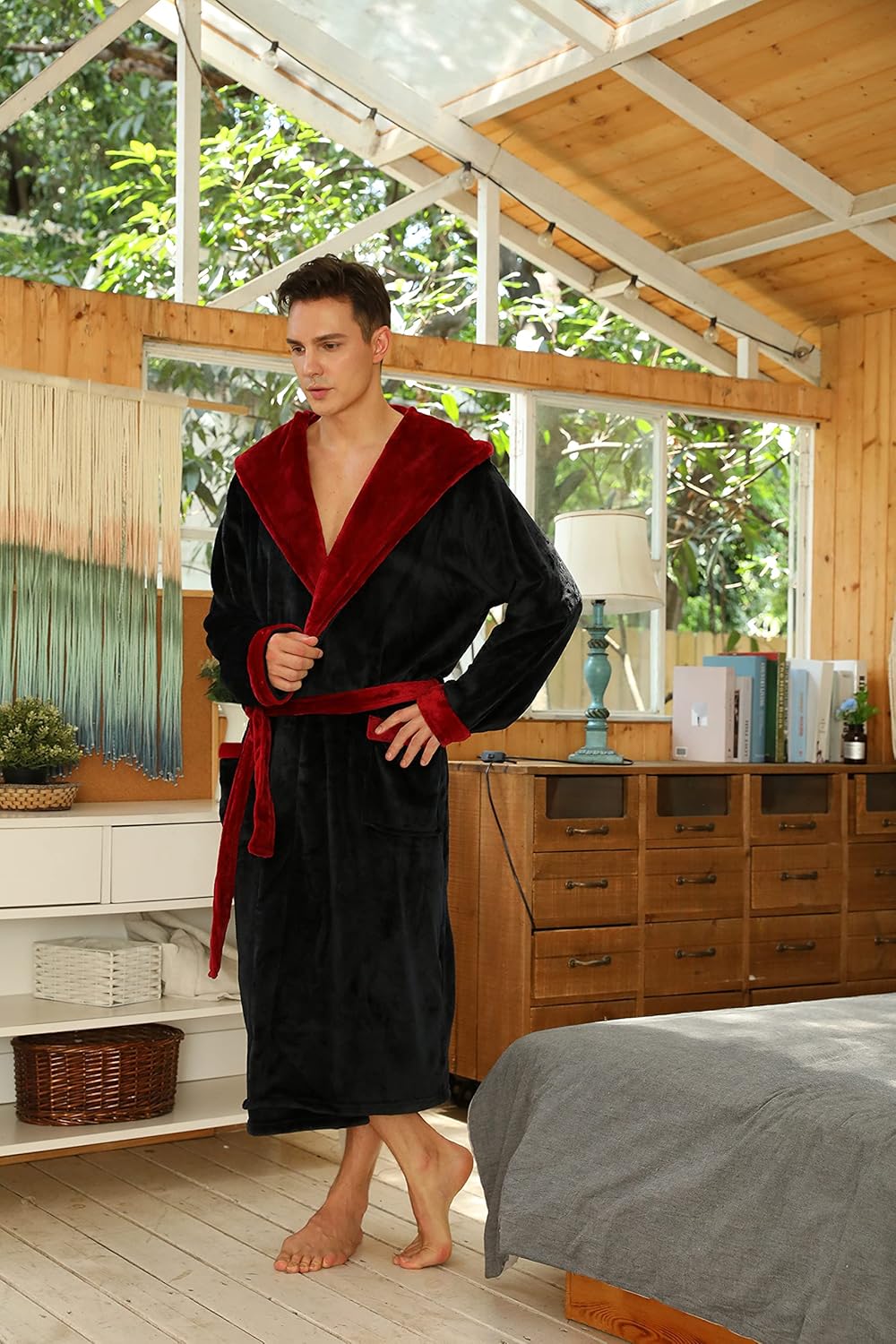 Men’s Fleece Bathrobe with Hood – Black Grey