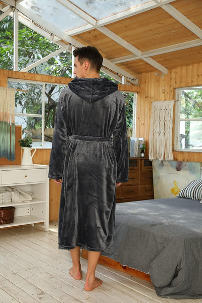 Men’s Fleece Bathrobe with Hood – Black Grey