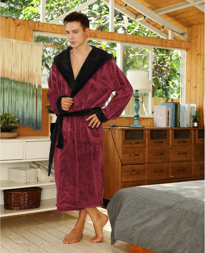 Men’s Fleece Bathrobe with Hood – Black Grey