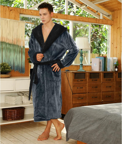 Men’s Fleece Bathrobe with Hood – Black Grey