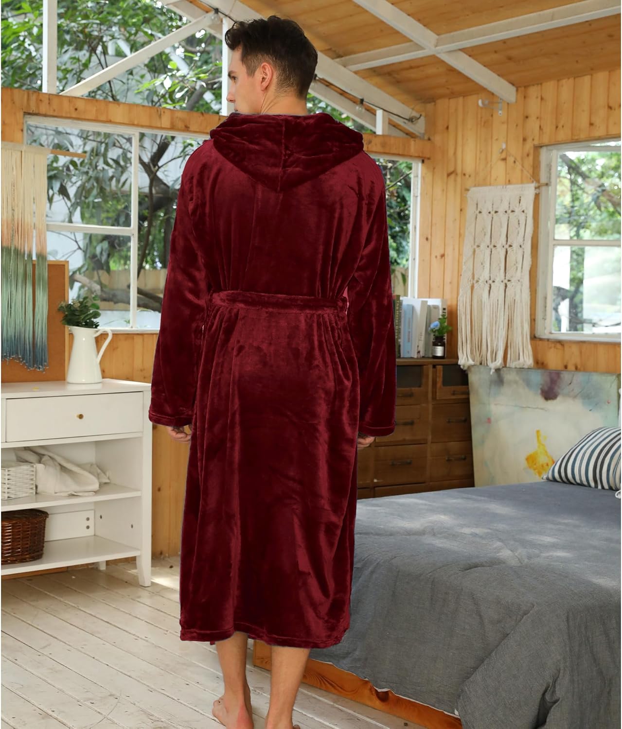 Men’s Fleece Bathrobe with Hood – Black Grey