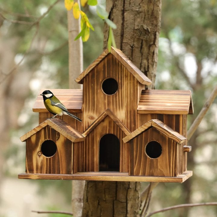 Rustic Wooden Handmade Birdhouse with 6 Entrances