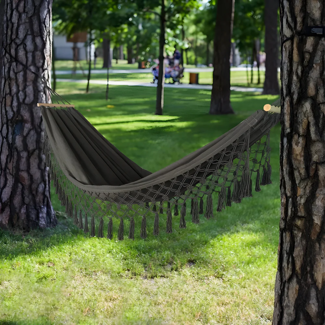 Boho Cotton Hammock with Wooden Bars for Indoor Outdoor Use