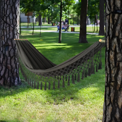 Boho Cotton Hammock with Wooden Bars for Indoor Outdoor Use