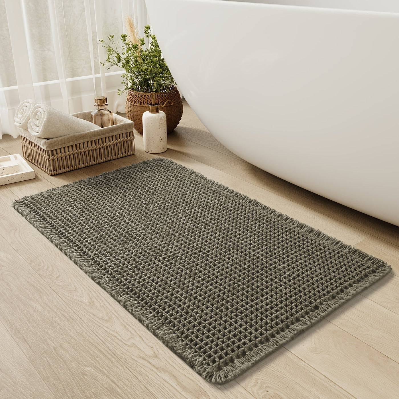 AbsorbEase | Waffle Bath Mat with Fringes – Quick-Dry & Non-Slip