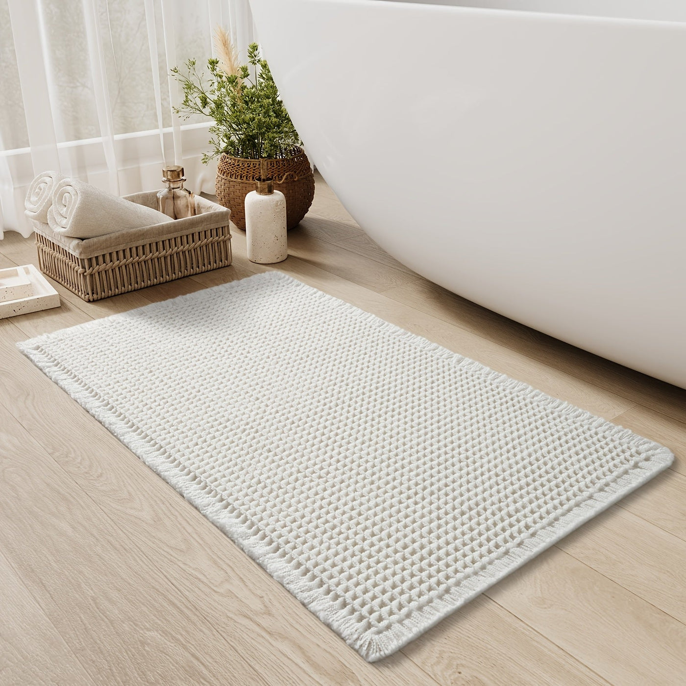 AbsorbEase | Waffle Bath Mat with Fringes – Quick-Dry & Non-Slip