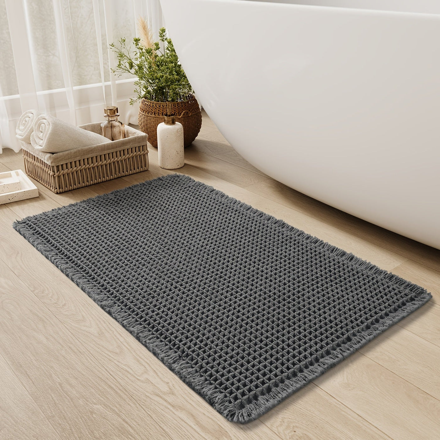 AbsorbEase | Waffle Bath Mat with Fringes – Quick-Dry & Non-Slip