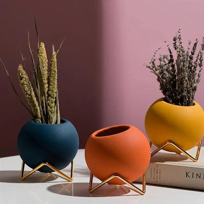 Modern Ceramic Plant Pot with Metal Stand in Vibrant Colors