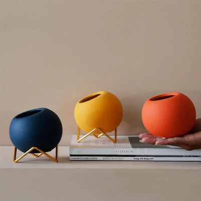 Modern Ceramic Plant Pot with Metal Stand in Vibrant Colors