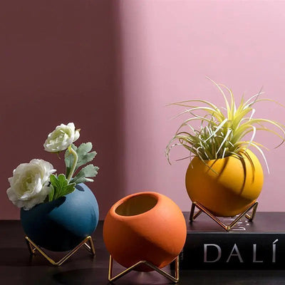 Modern Ceramic Plant Pot with Metal Stand in Vibrant Colors