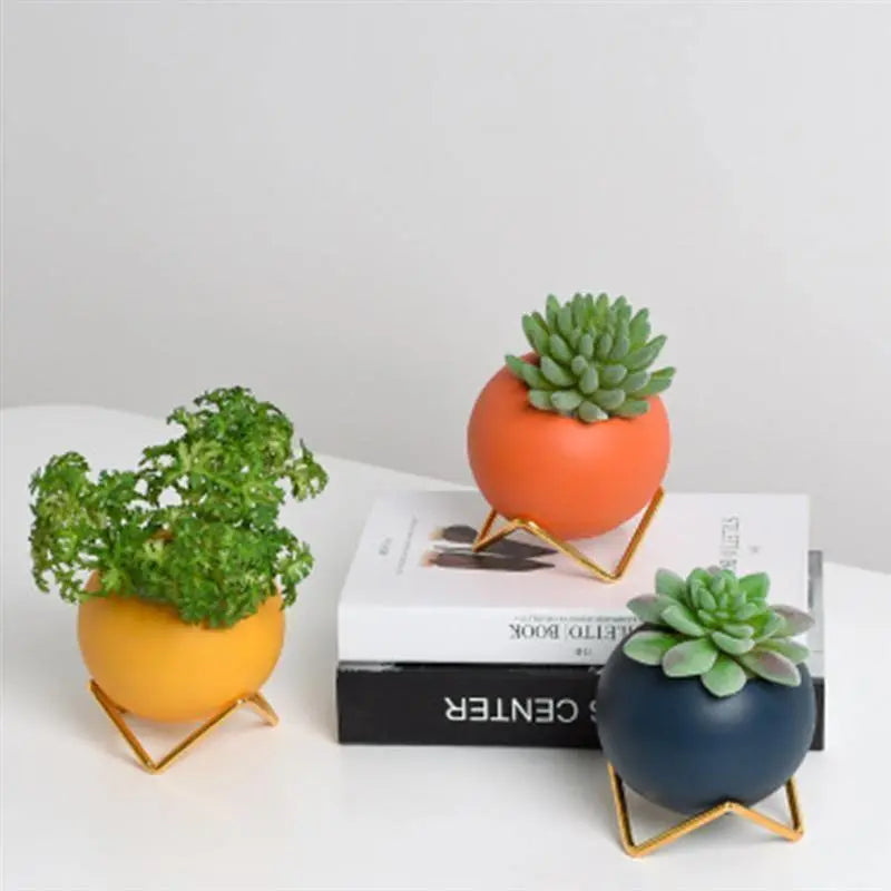 Modern Ceramic Plant Pot with Metal Stand in Vibrant Colors