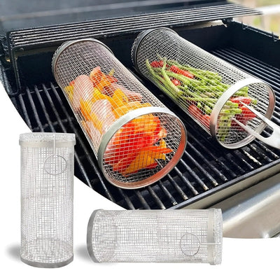 Stainless Steel BBQ Grill Basket Cylinder for Vegetables and Meat