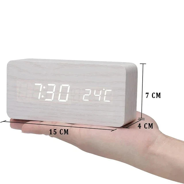 Wood LED Alarm Clock – Voice & Temp Display