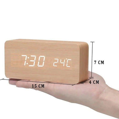 Wood LED Alarm Clock – Voice & Temp Display