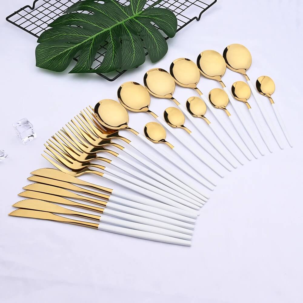 Gold Stainless Steel Cutlery Set with White Handles