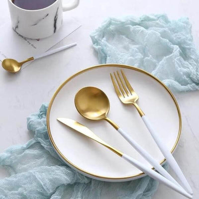 Gold Stainless Steel Cutlery Set with White Handles