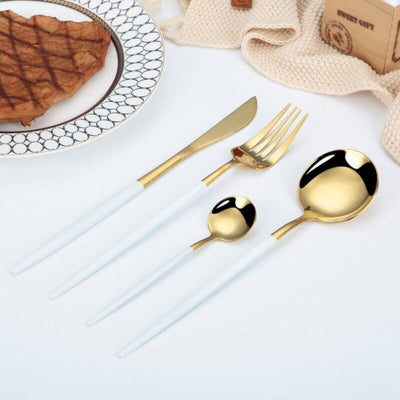 Gold Stainless Steel Cutlery Set with White Handles