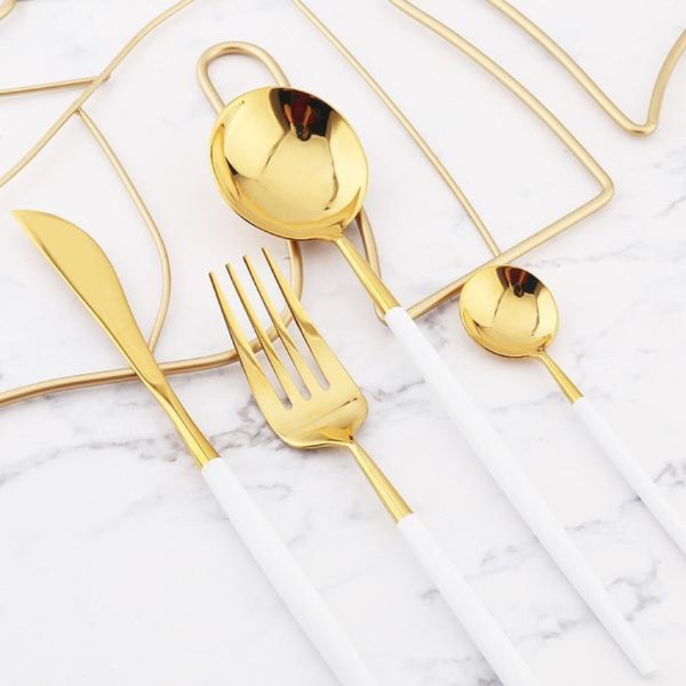 Gold Stainless Steel Cutlery Set with White Handles