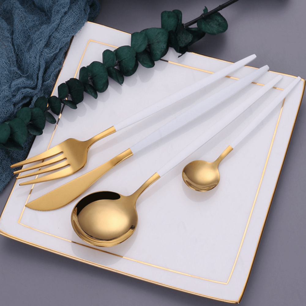 Gold Stainless Steel Cutlery Set with White Handles