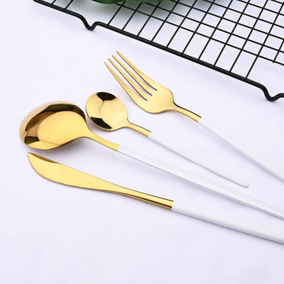 Gold Stainless Steel Cutlery Set with White Handles