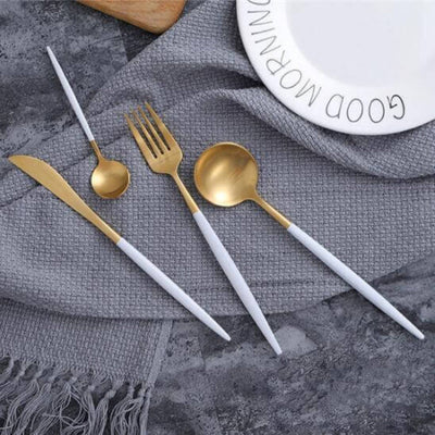 Gold Stainless Steel Cutlery Set with White Handles