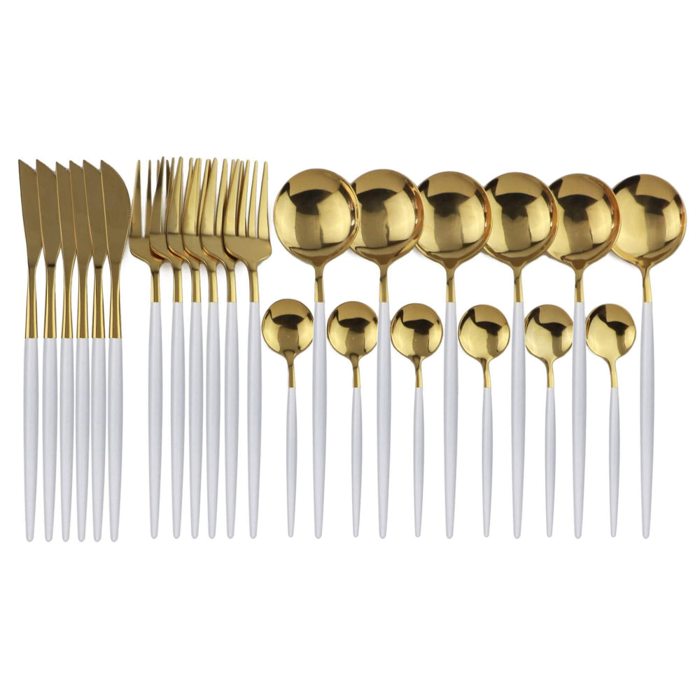 Gold Stainless Steel Cutlery Set with White Handles