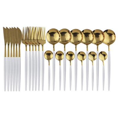 Gold Stainless Steel Cutlery Set with White Handles