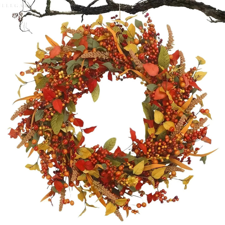 Autumn Rattan Wreath with Leaves and Berries for Door