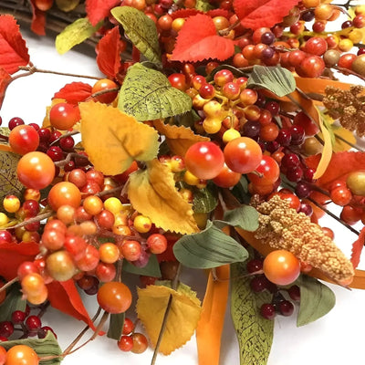 Autumn Rattan Wreath with Leaves and Berries for Door