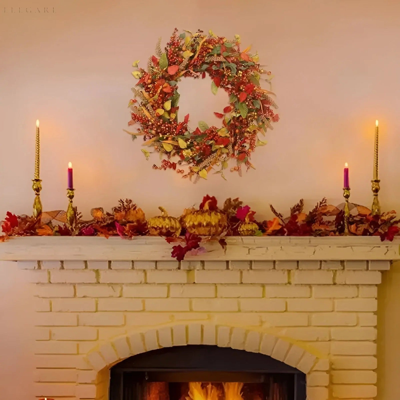 Autumn Rattan Wreath with Leaves and Berries for Door