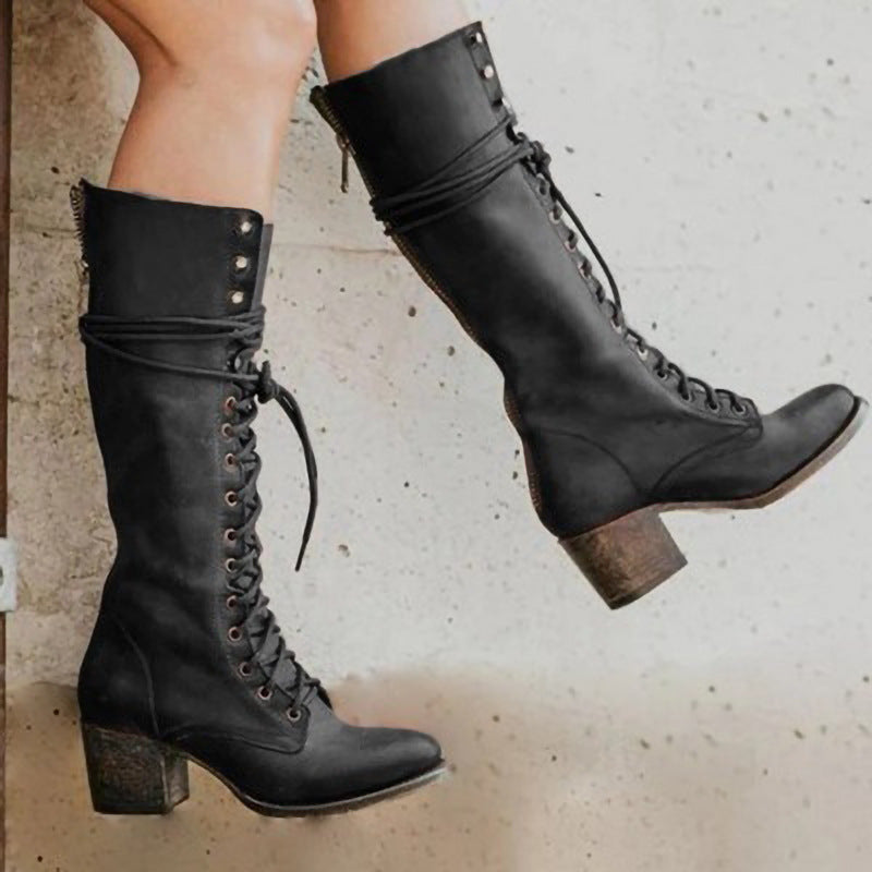 Women’s Black PU Leather Knee High Boots with Laces