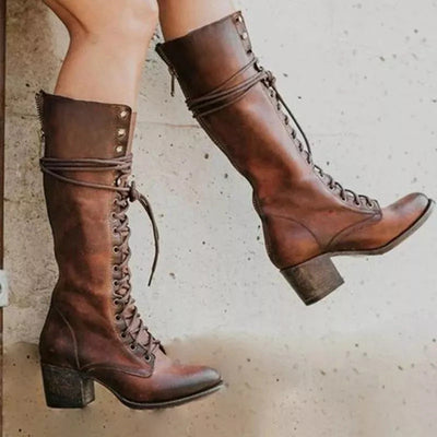 Women’s Black PU Leather Knee High Boots with Laces