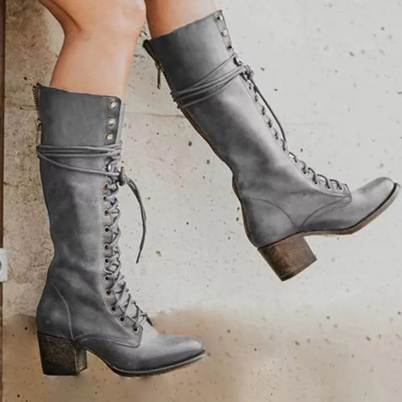 Women’s Black PU Leather Knee High Boots with Laces