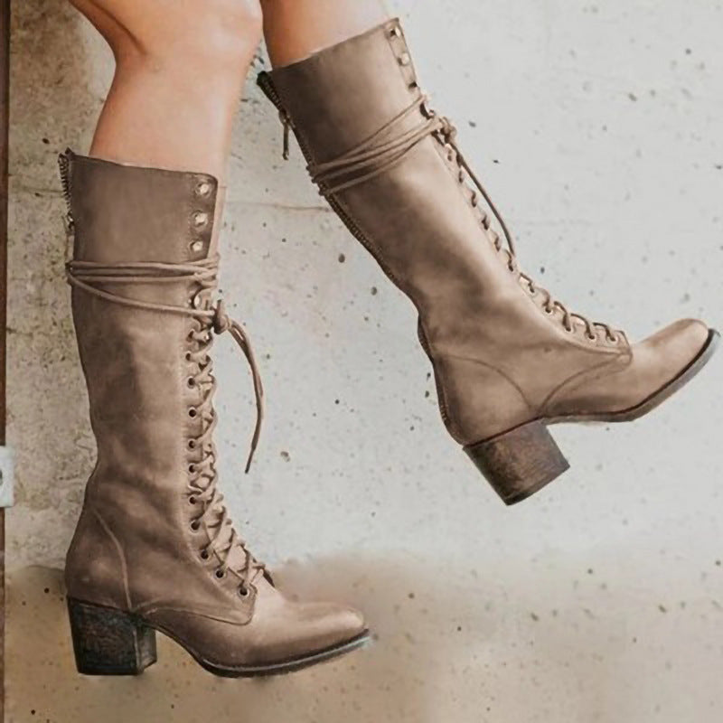 Women’s Black PU Leather Knee High Boots with Laces