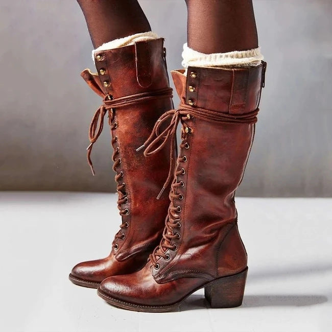 Women’s Black PU Leather Knee High Boots with Laces